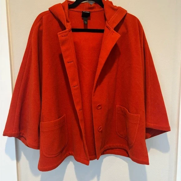 Eileen Fisher Wool Bold Red Hooded Cape Coat PL - Picture 1 of 6